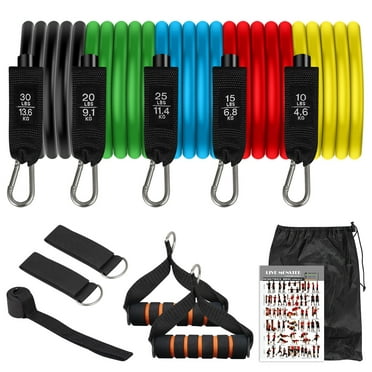 Travel Bag and Workout Guide — Strong Arm Ankle Straps Shoulder and Back Muscle Resistance Exercise Bands Set — Carabiner Hooks Handles Home Workout — 11 Piece Exercise Band Set with Anchor 